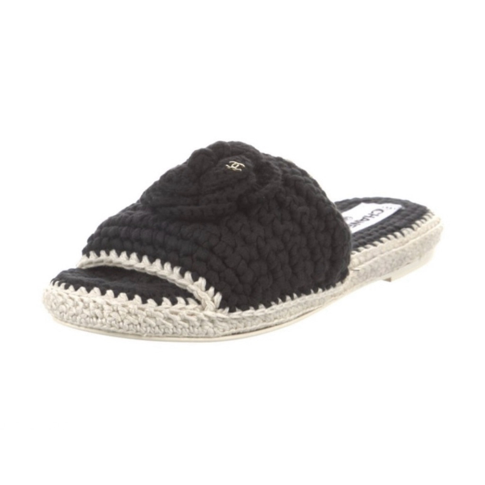 New Chanel Crochet Camellia Slide Slippers Black Beige 37/7 - Picture 2 of 5